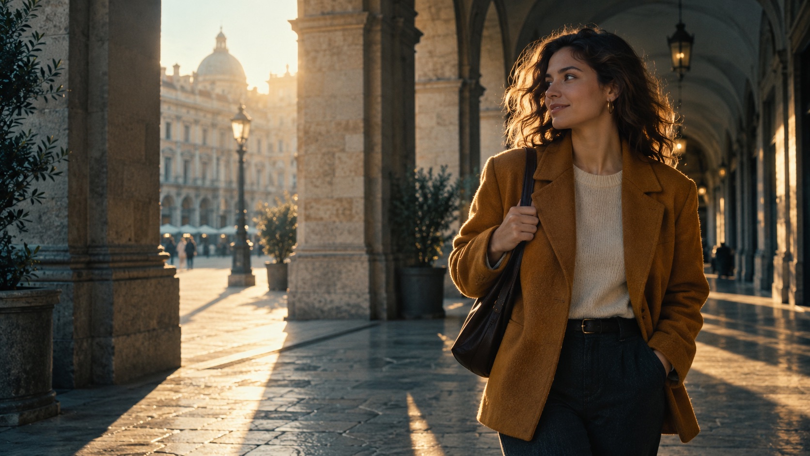 Illustrative cinematic scene with a fictional person in an amber jacket walking through an arcade